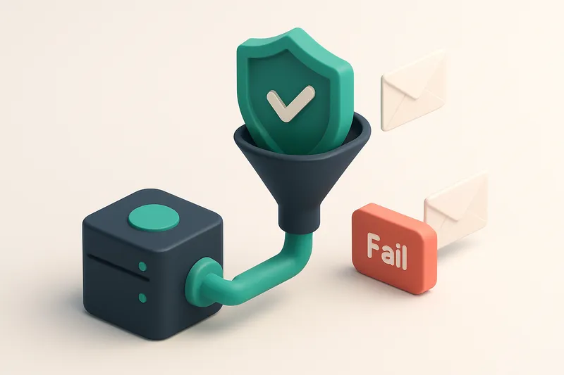 An isometric view of a secure email sending funnel where outgoing messages pass through a green ‘DKIM-Validated’ shield,