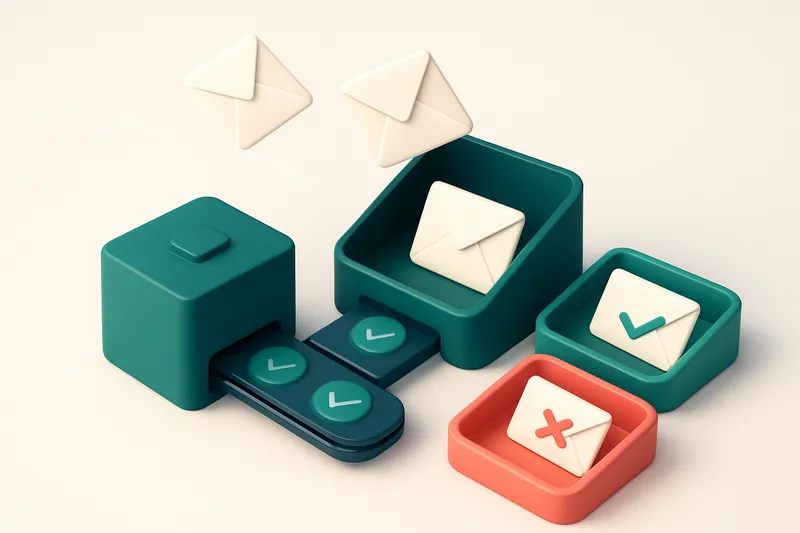 Hero: an isometric email inbox with multiple envelopes flying in, two landing on a green 'valid' tray and one on a red '