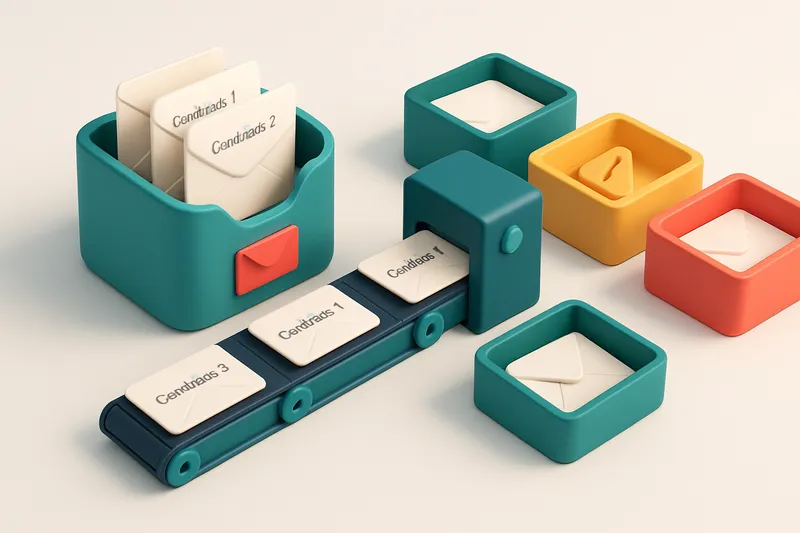An isometric email inbox with envelopes labeled 'Candidate 1', 'Candidate 2', etc., being sorted by a conveyor belt: val