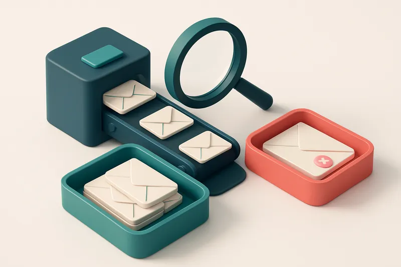 an isometric email inbox with envelopes being sorted onto a green 'valid' tray and a red 'invalid' tray, a magnifying gl