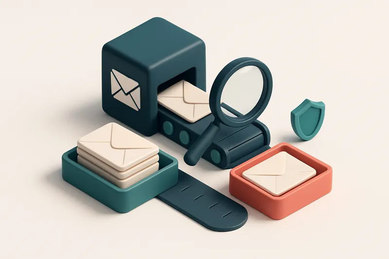 an isometric email inbox with envelopes being sorted by a conveyor belt into a green 'valid' tray and a red 'invalid' tr