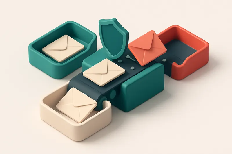 An isometric email inbox with envelopes being processed through a conveyor belt; valid emails are directed to a green 'a