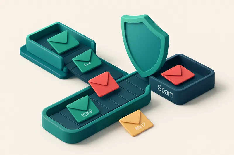 An isometric view of a conveyor belt carrying green envelopes labeled 'valid', red 'invalid', and yellow 'risky' toward