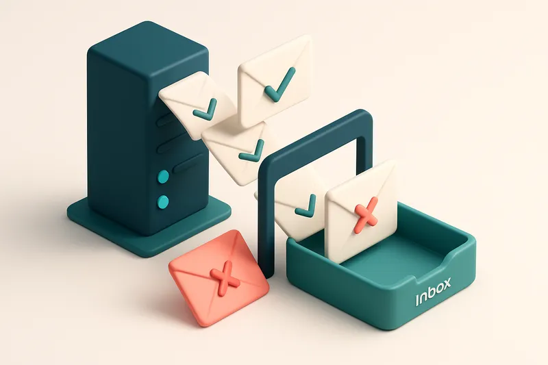 An isometric email server array with multiple digital envelopes labeled 'valid' moving toward a green 'inbox' tray, whil
