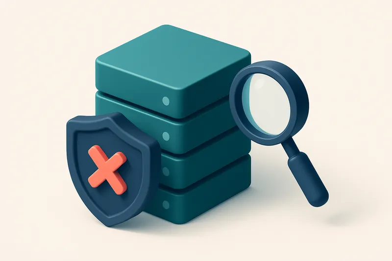 Hero: an isometric illustration of a server with a shield and red 'X' symbol, alongside a magnifying glass checking the