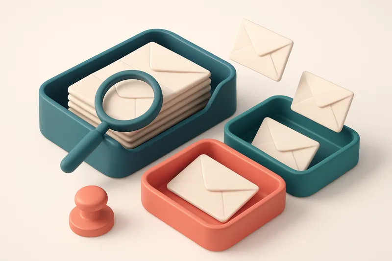 An isometric email inbox with envelopes being sorted onto a green 'valid' tray and a red 'invalid' tray, a magnifying gl
