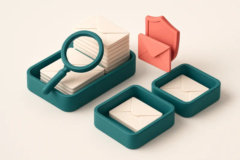 an isometric email inbox with envelopes being sorted onto a green 'valid' tray and a red 'invalid' tray, a magnifying gl