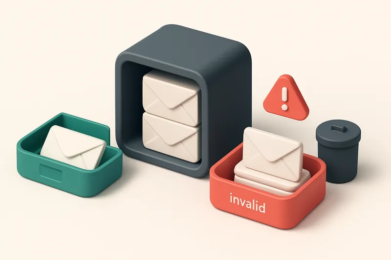 An isometric email inbox with envelopes being sorted into two trays: a green 'valid' tray and a red 'invalid' tray, a sm