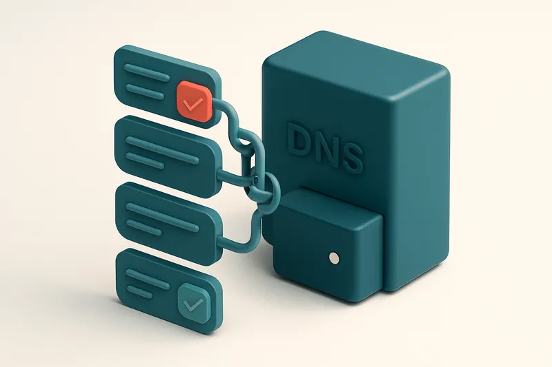 An isometric illustration of a DNS server with a chain of labeled MX records flowing into it, each with priority numbers