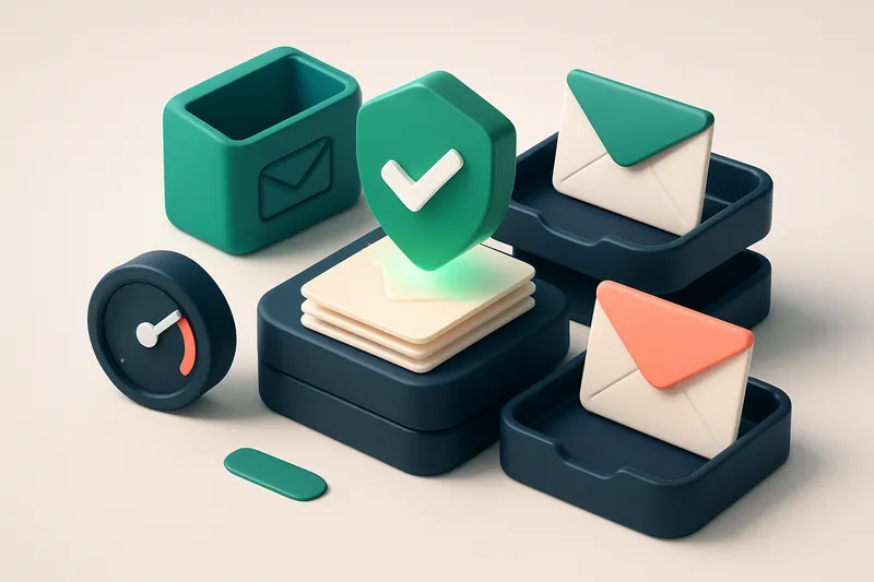 an isometric email inbox with envelopes labeled 'Valid' and 'Invalid' being sorted onto separate trays, a real-time veri