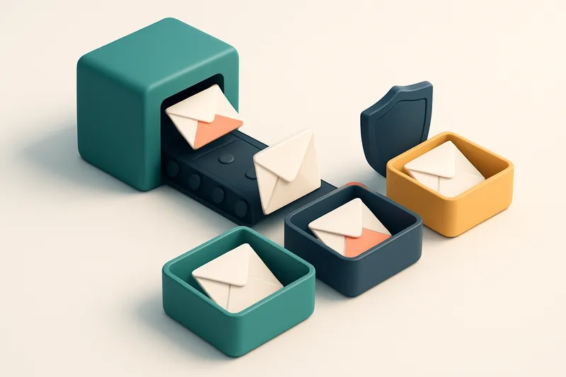 An isometric email inbox with a conveyor belt feeding envelopes into three labeled trays: green 'Valid', red 'Invalid',