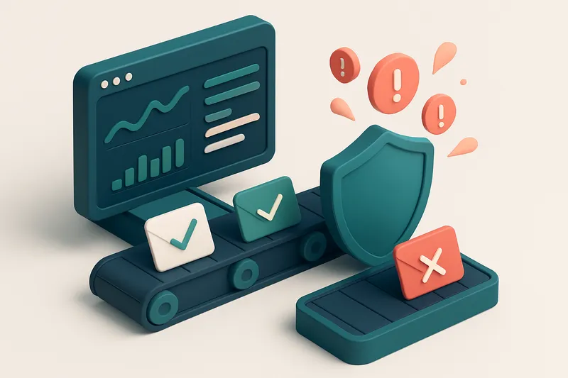 Hero: an isometric illustration of a Pardot dashboard with a conveyor belt sorting green 'valid' envelopes and red 'inva