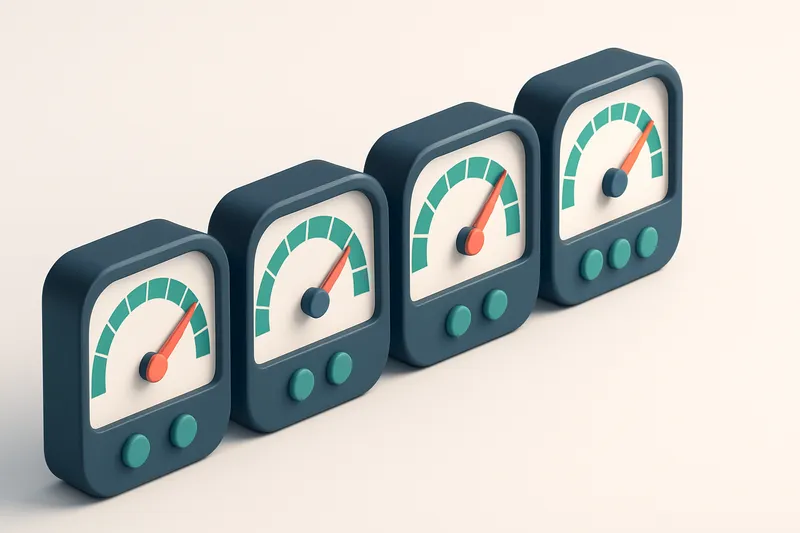 a row of four gauges with varying needle positions showing validation speed and accuracy