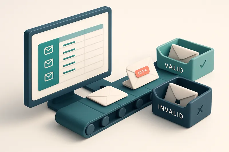 An isometric illustration of a computer monitor displaying a spreadsheet with email addresses, a conveyor belt moving en
