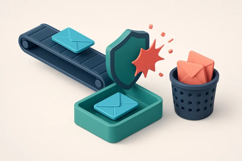 An isometric inbox showing a conveyor belt delivering blue envelopes marked 'valid' into a green 'inbox' tray and red 'i