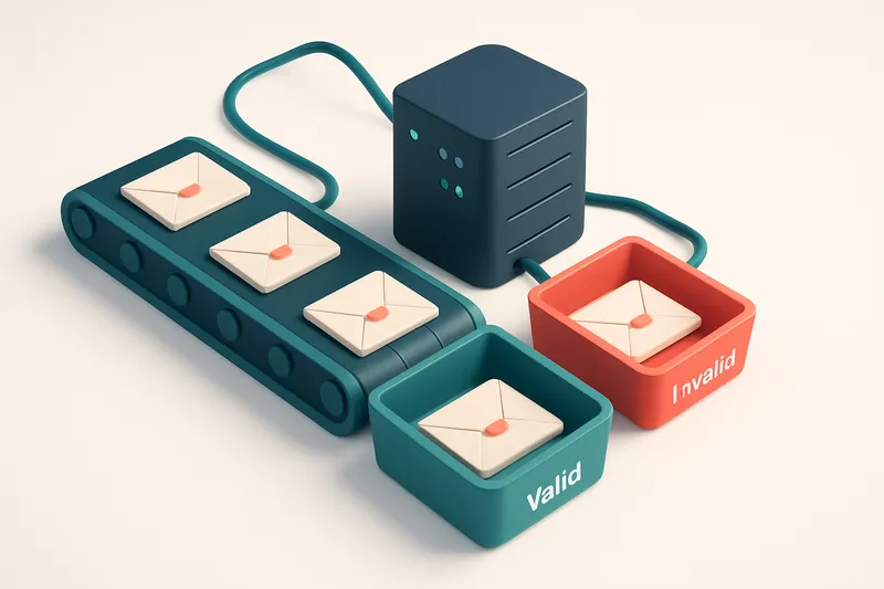 An isometric illustration of a conveyor belt sorting physical envelopes into two trays: a green 'Valid' tray and a red '
