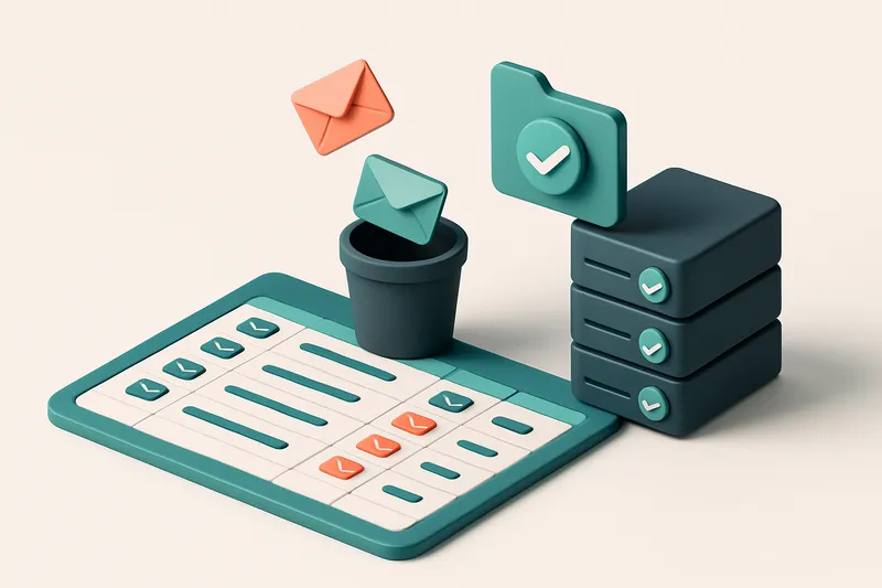 An isometric Excel spreadsheet with rows of email addresses, where red 'invalid' envelopes fall into a waste bin, green