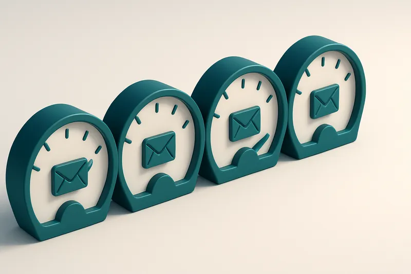 a row of four gauges, each indicating levels of email deliverability, with one red indicator showing a drop