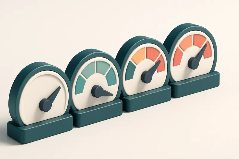 a row of four gauges, each labeled with a different risk level (low, medium, high, critical)