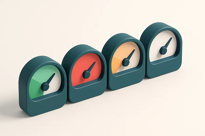 a row of four gauges, each showing a different status: green (valid), red (invalid), yellow (risky), grey (retired)