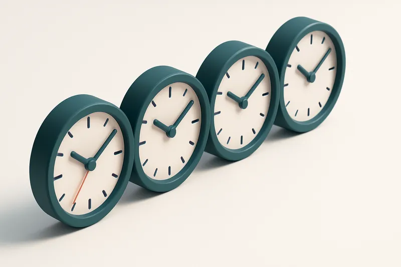 a row of four gauges showing synchronized time readings