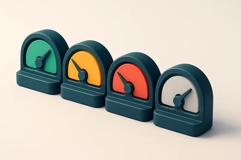 a row of four gauges showing SMTP validation status (green, yellow, red, grey)