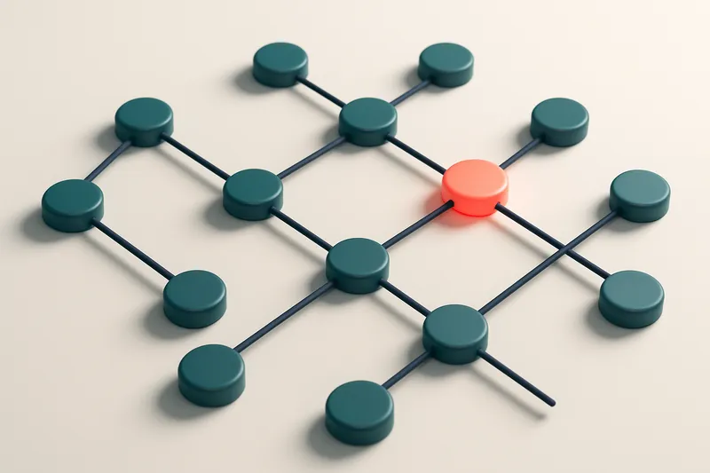 a network of small circular nodes connected by lines, with one node glowing red